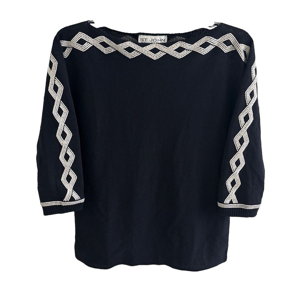 EUC VTG St John Collection Navy blue white USA Santana Knit Sweater Top Sz P